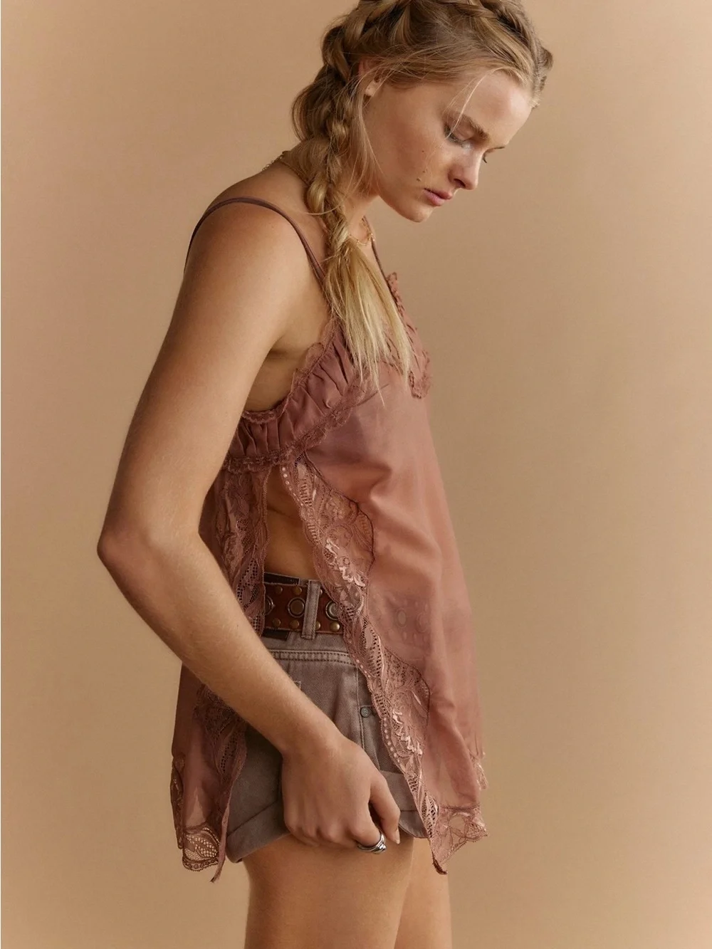 Free People Sheer Lace-Trim Side Eye Chemise in Dusty Rose Ren Fair